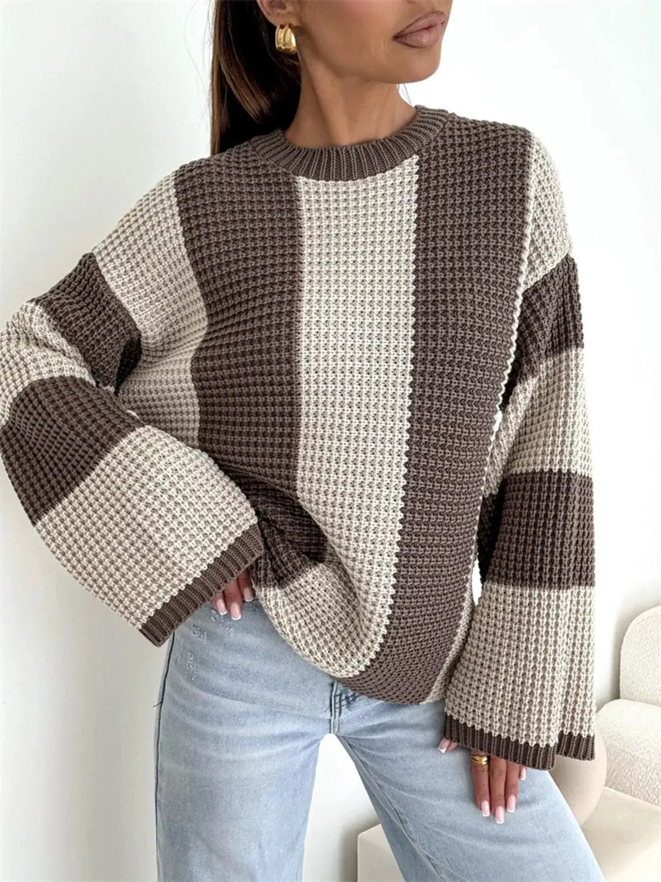 Color Block Long Sleeve Sweater by Belle Bijouix; oversized chunky knit in brown and beige.