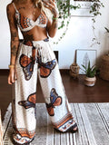 Boho butterfly print top and pants set, 2-piece white fabric with orange and blue butterfly motifs, Trendsi