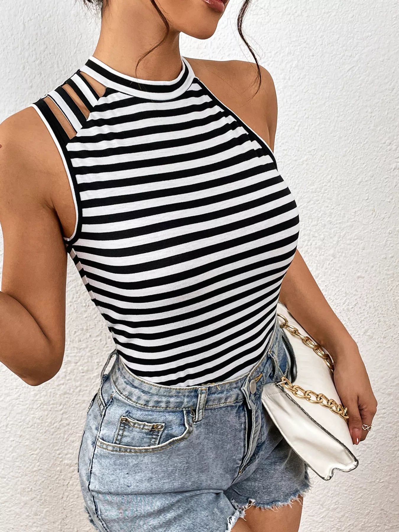 Striped cutout-shoulder cami top in black and white stripes