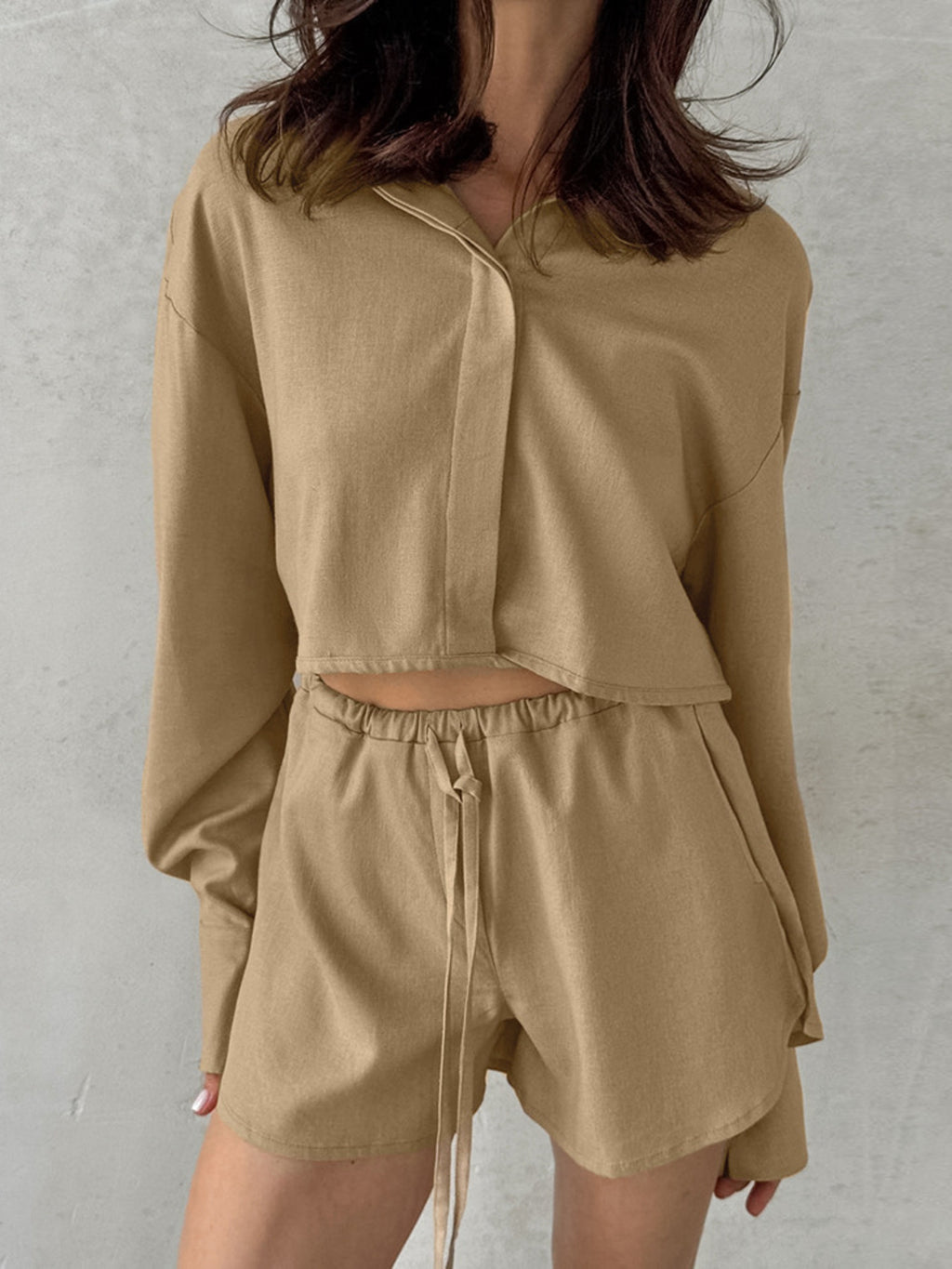Belle Bijouix beige long-sleeve top and matching drawstring shorts set