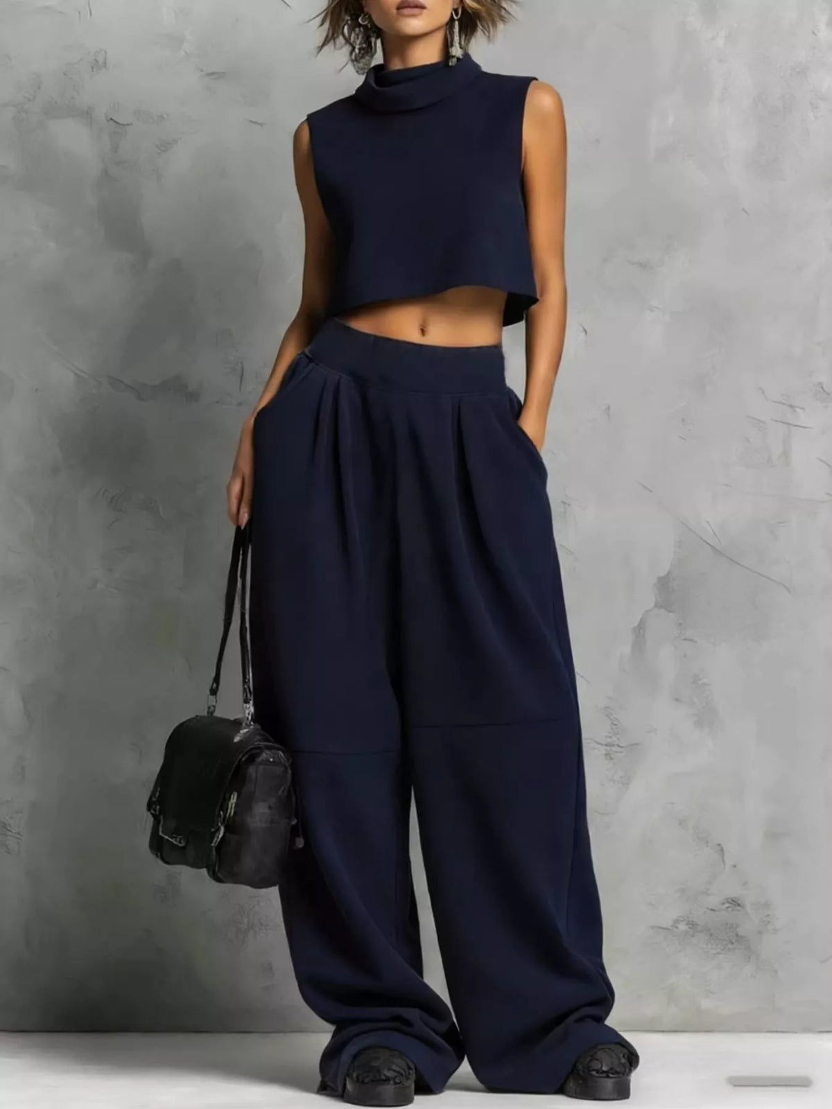 Mock Neck Crop Top & Wide-Leg Sweatpants Set