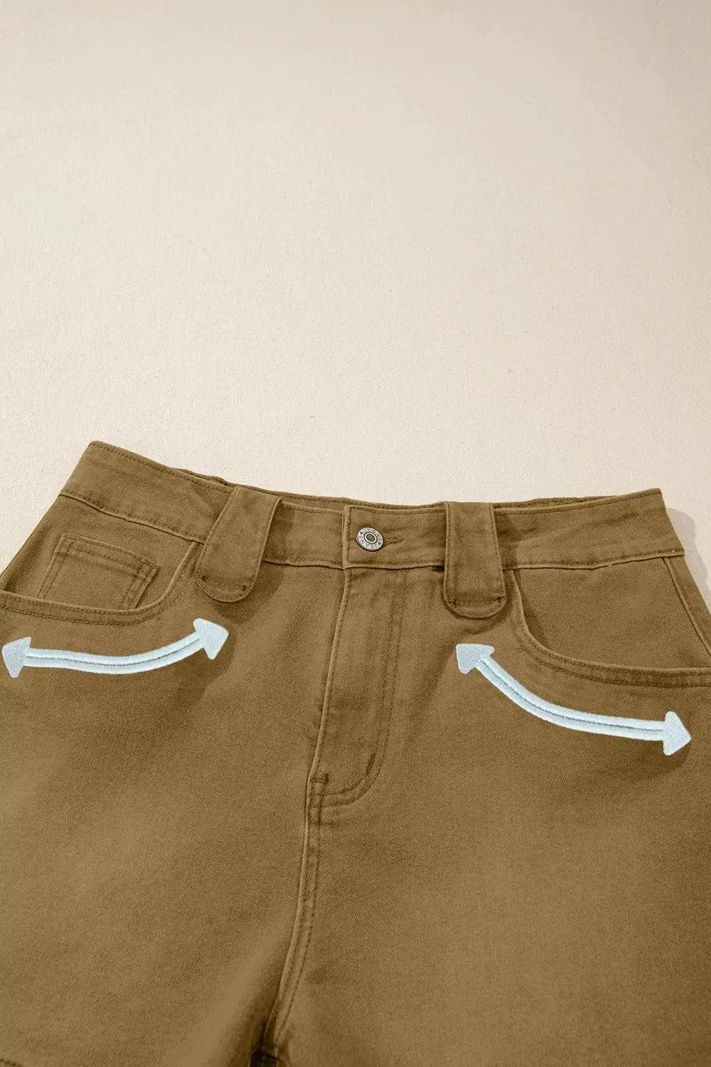 Women's Western Denim Shorts in tan denim with white contrast arrow embroidery by Belle Bijouix