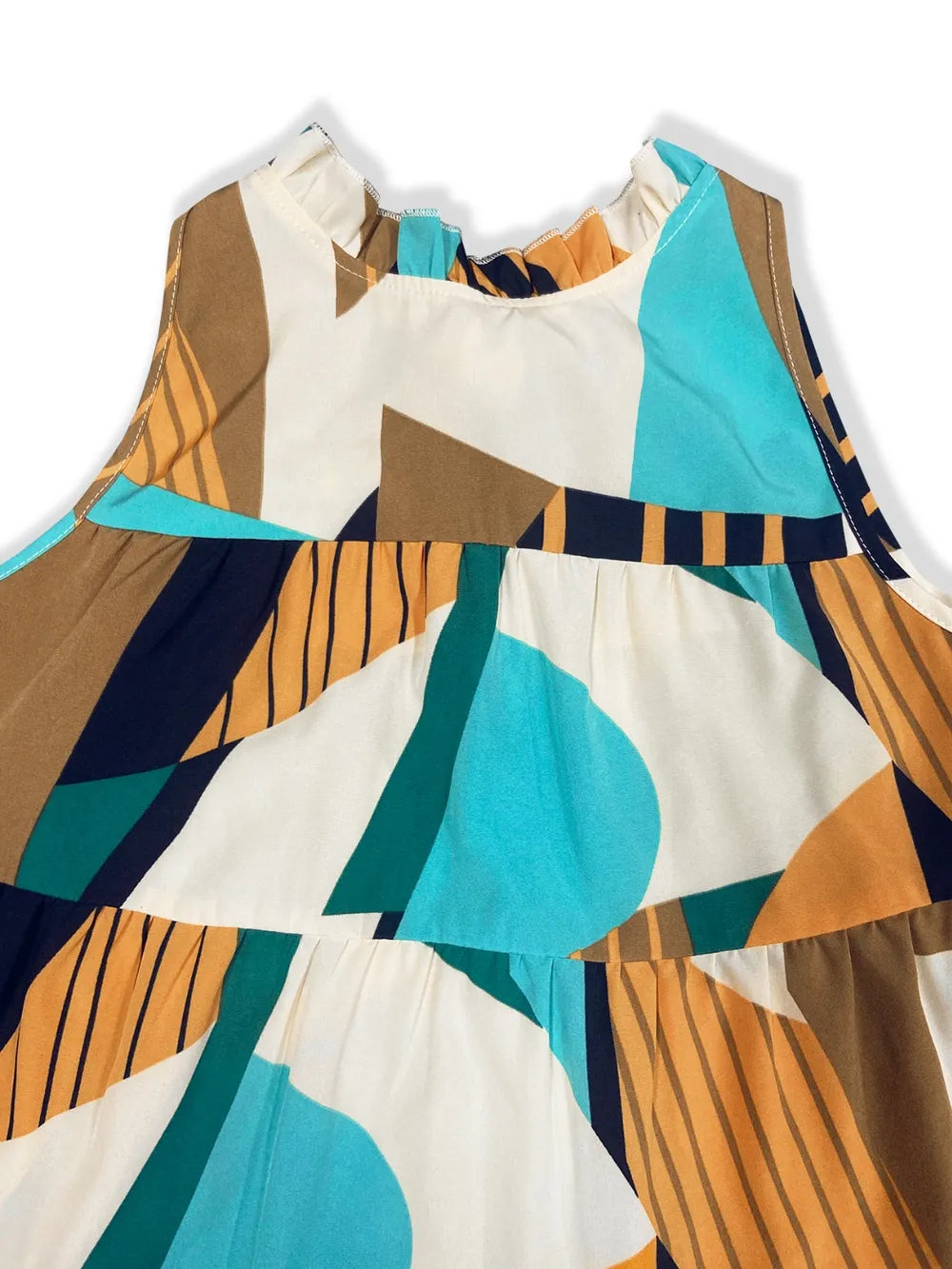 Printed mock-neck mini dress in bold color-block print.