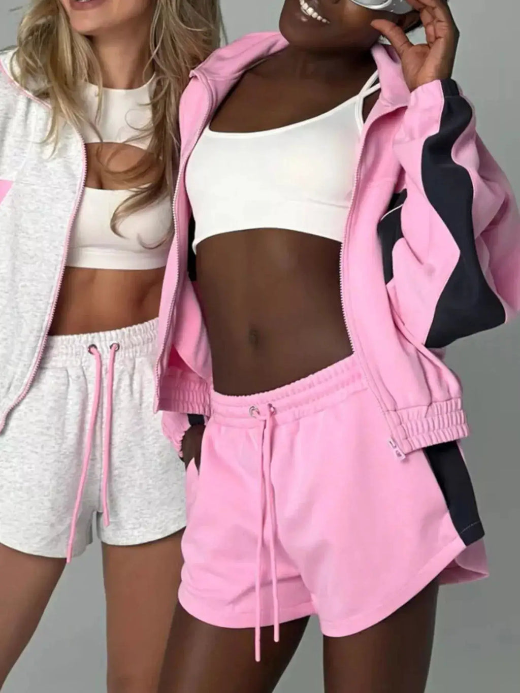 Zip-Up Long Sleeve Top & Shorts Set by Belle Bijouix; pink 2-piece activewear, 2 outfits shown.