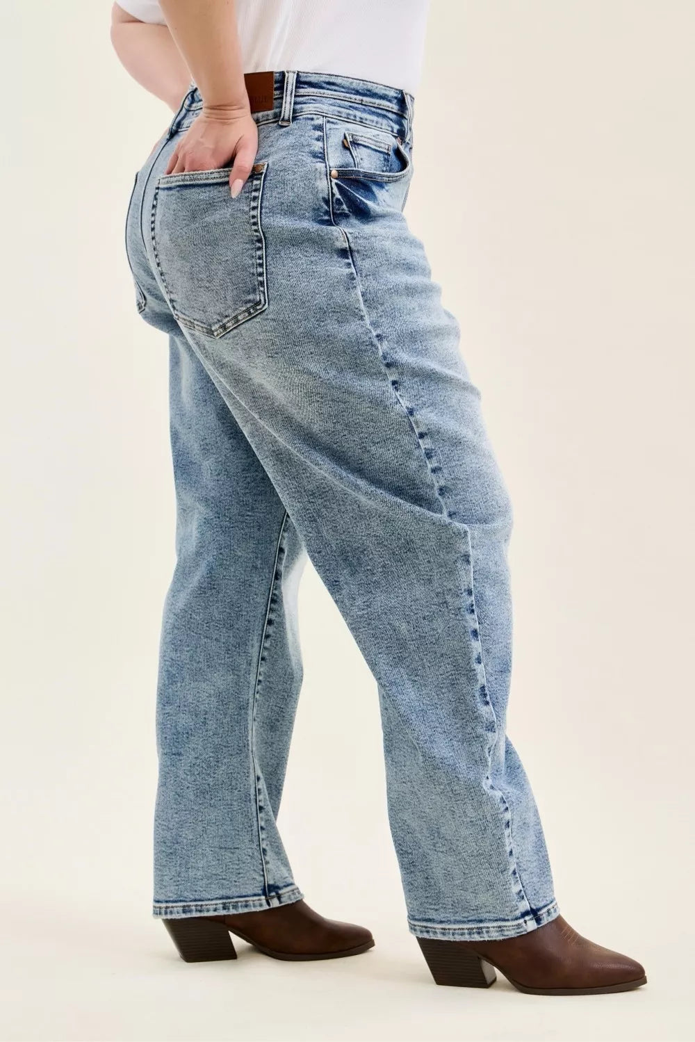 Judy Blue Marlow Arc Leg high-waist jeans in light wash with double waistband, back-pocket view, plus size