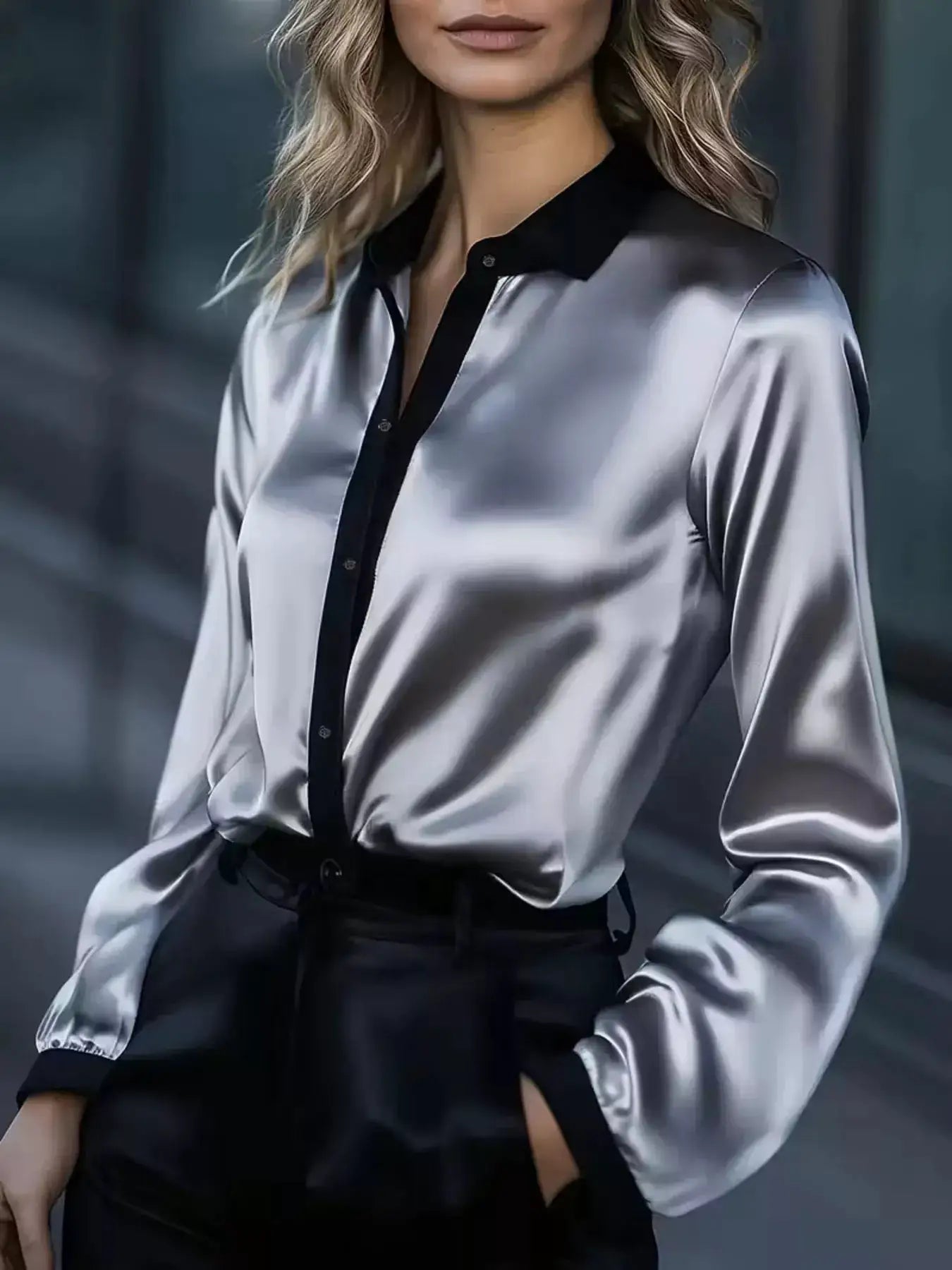 Button Up Long Sleeve Shirt by Belle Bijouix in silver satin