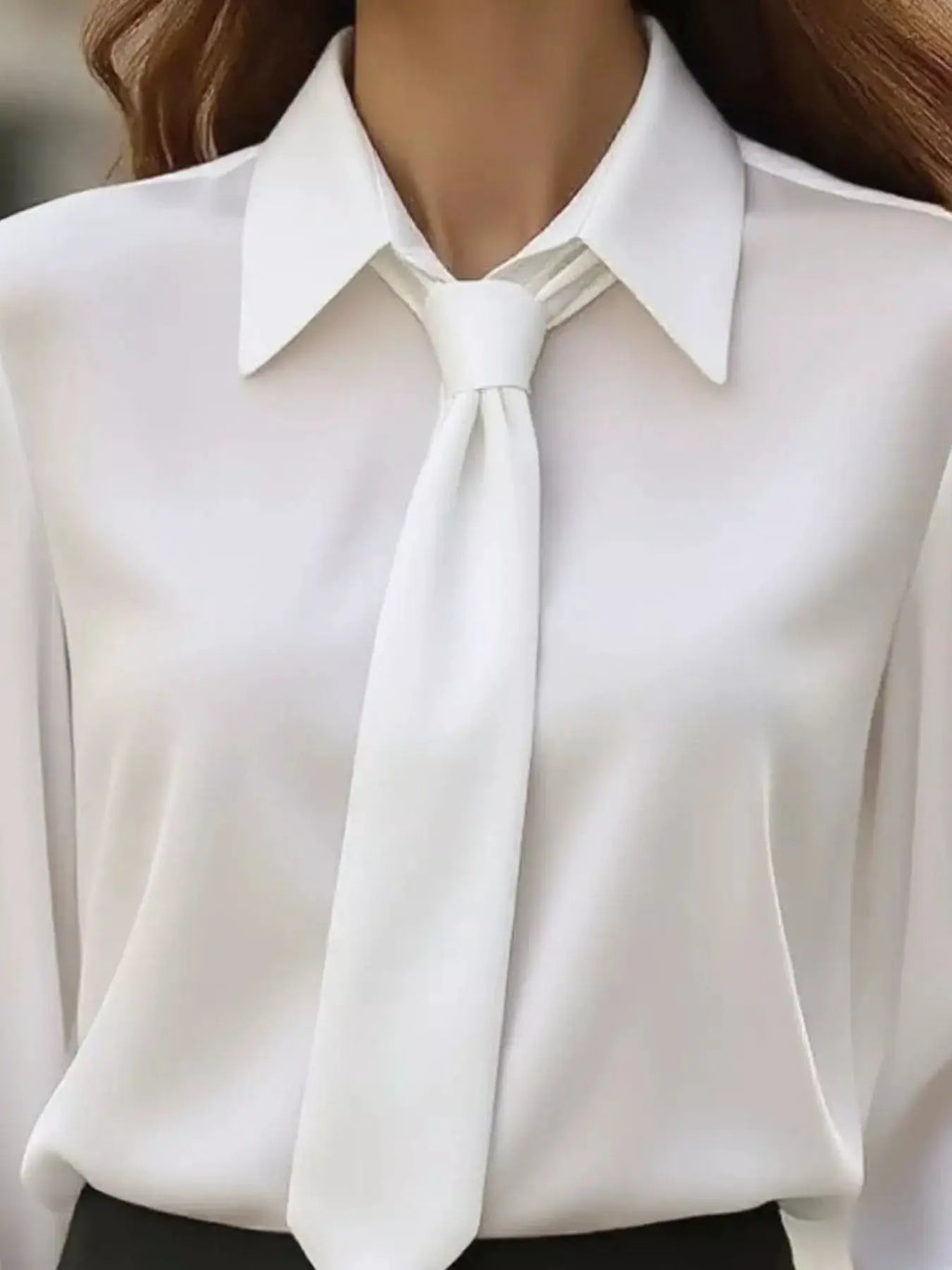 Collared Neck Long Sleeve Blouse by Belle Bijouix, white with necktie