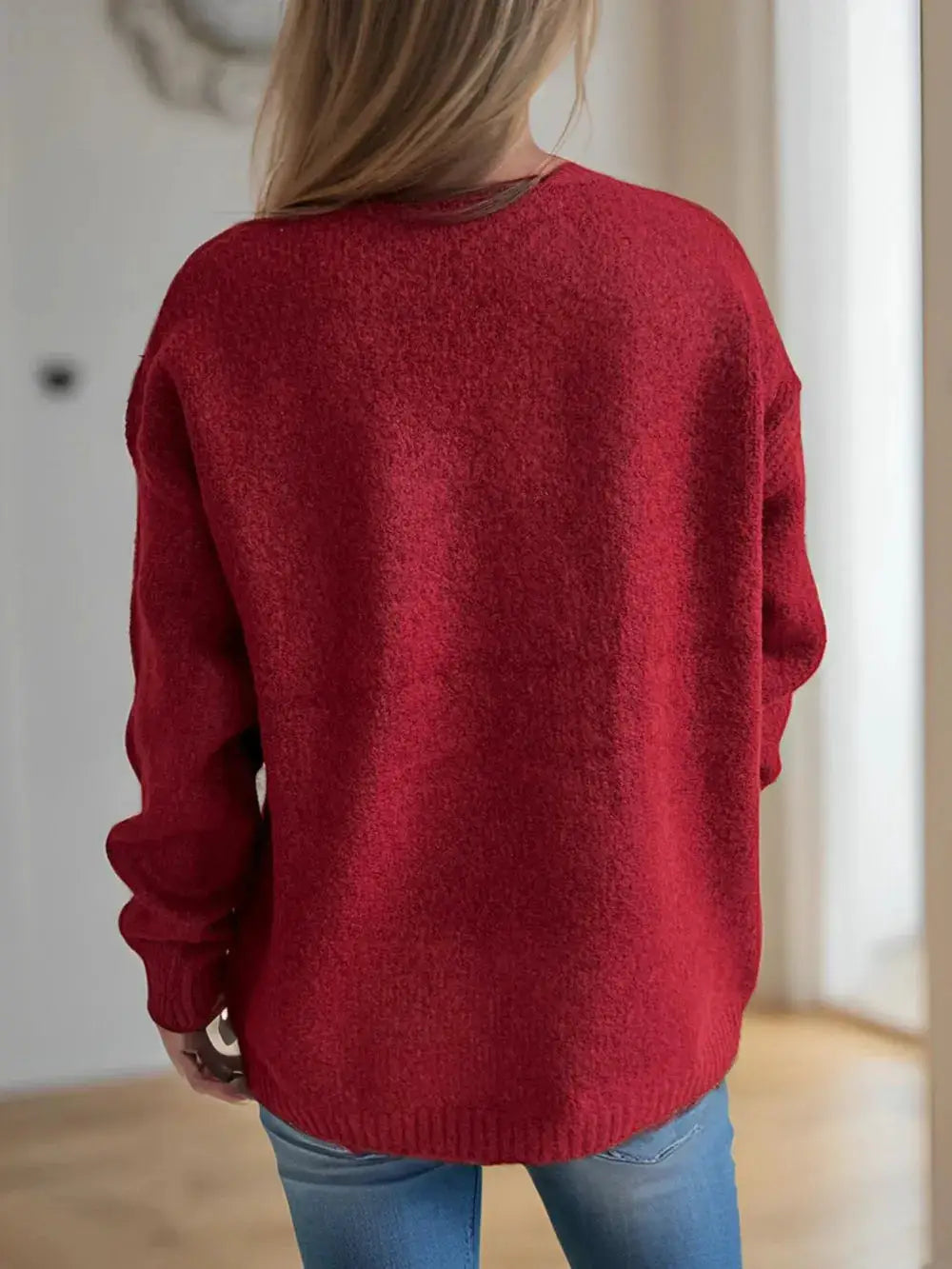Cherry Round Neck Long Sleeve Sweater red knit, relaxed oversized fit, back view