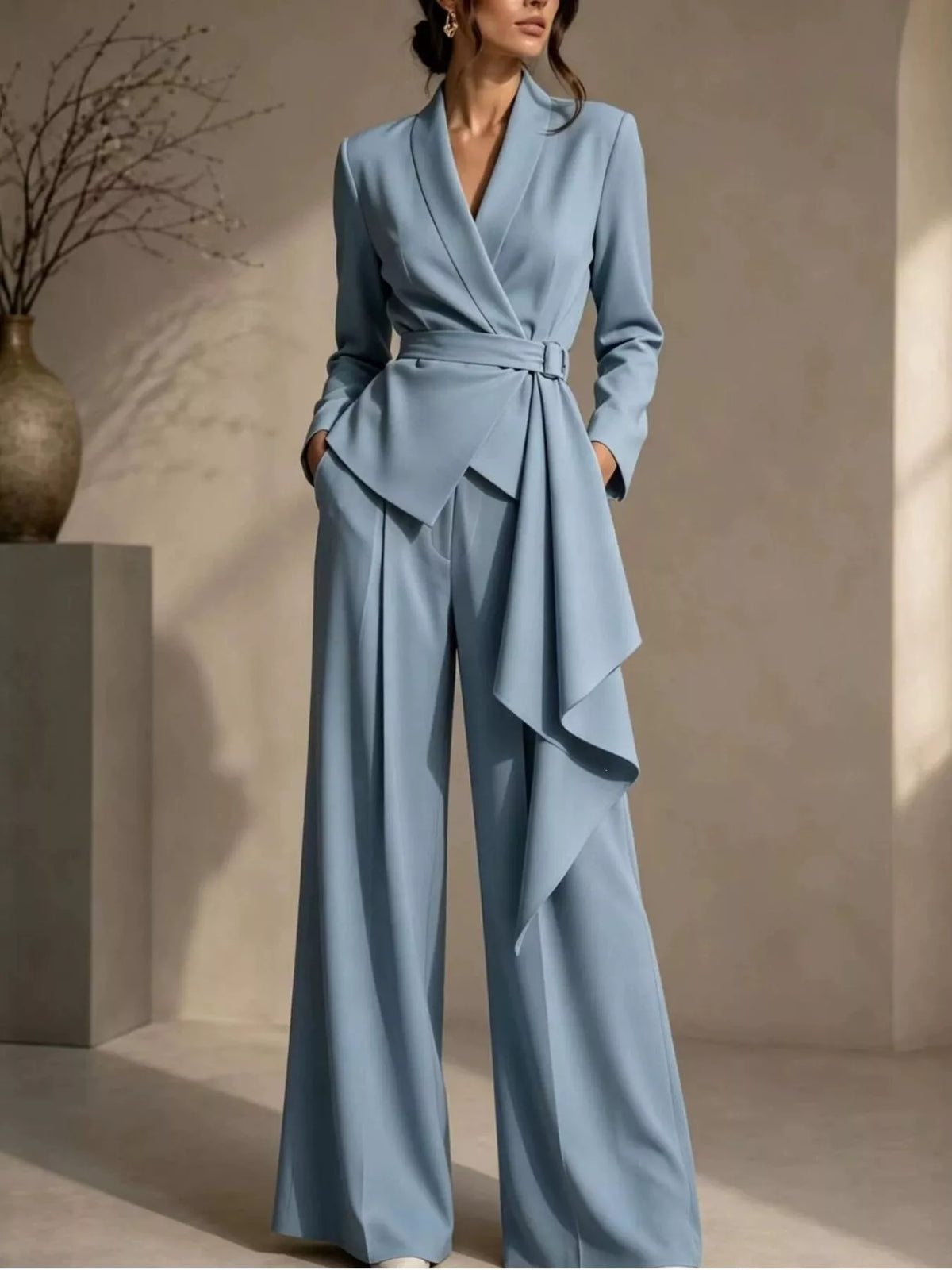 Belted Blazer and Wide-Leg Pants Set