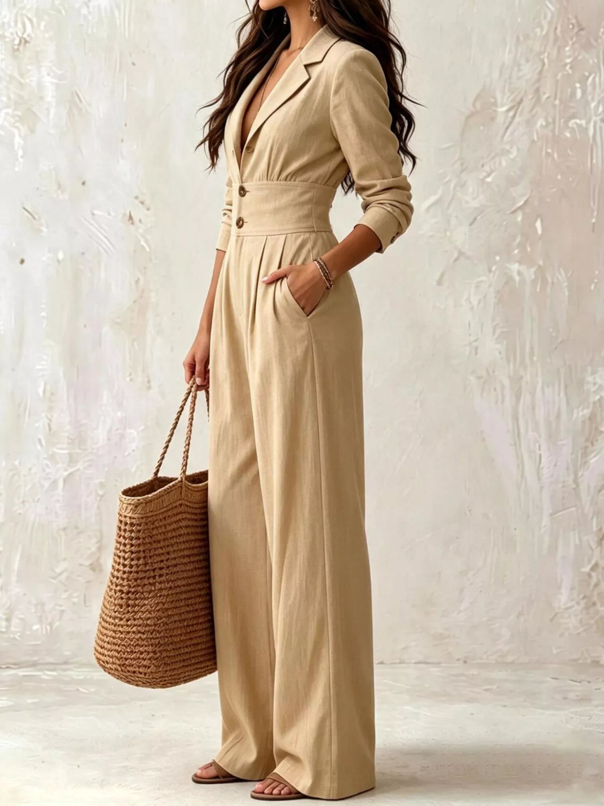 Lapel Collar Button Front Wide-Leg Jumpsuit
