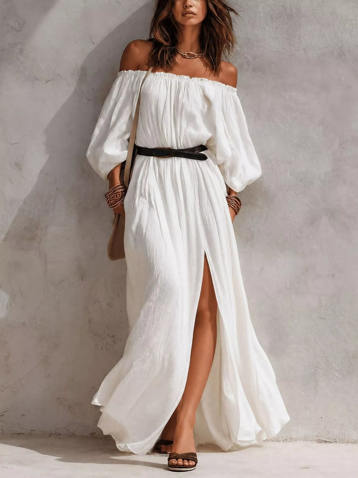 Boho Off-Shoulder Maxi Dress with Side Slit in White by Belle Bijouix – view 7 of 9