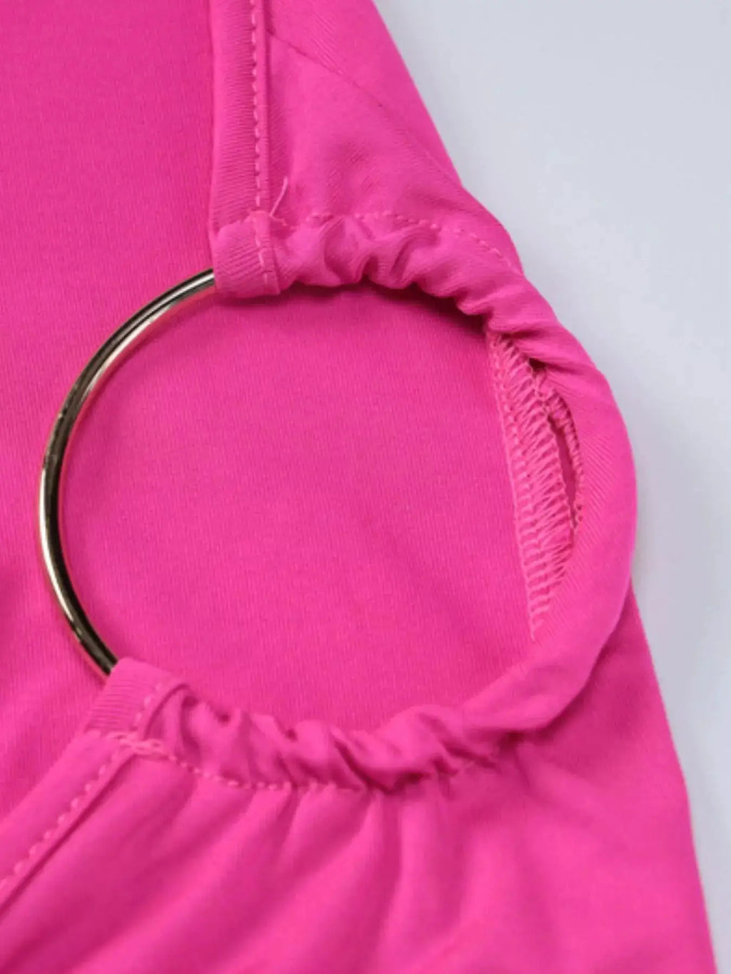 Backless One-Shoulder Ruched Bodycon Maxi Dress in hot pink with metal ring strap detail