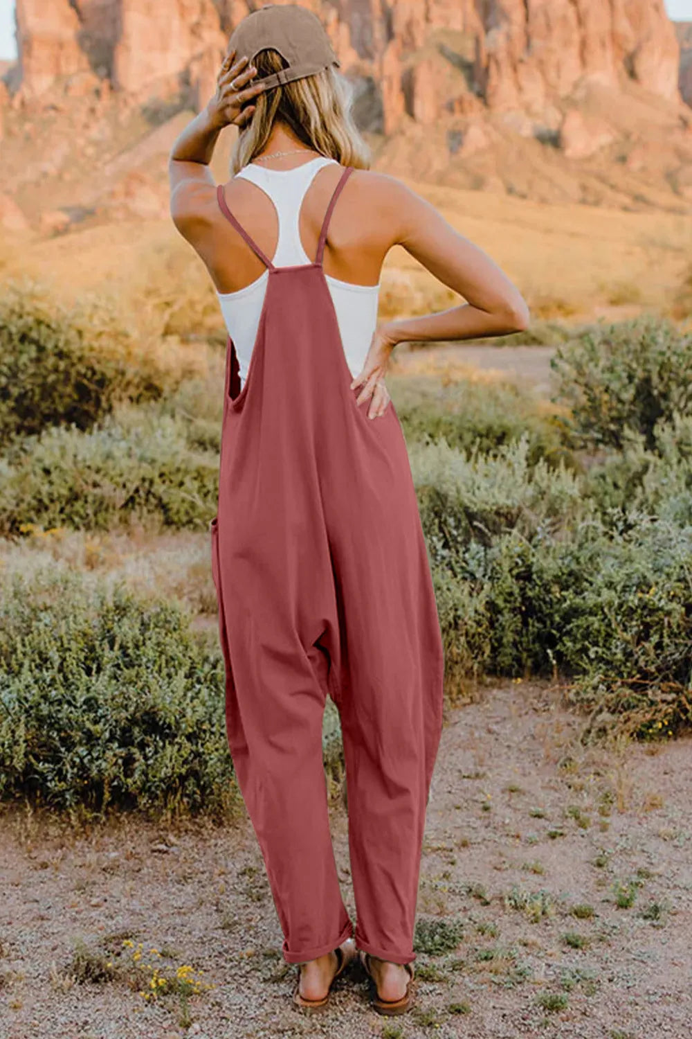 Double Take full-size V-neck sleeveless jumpsuit with pockets in mauve, wide-leg silhouette