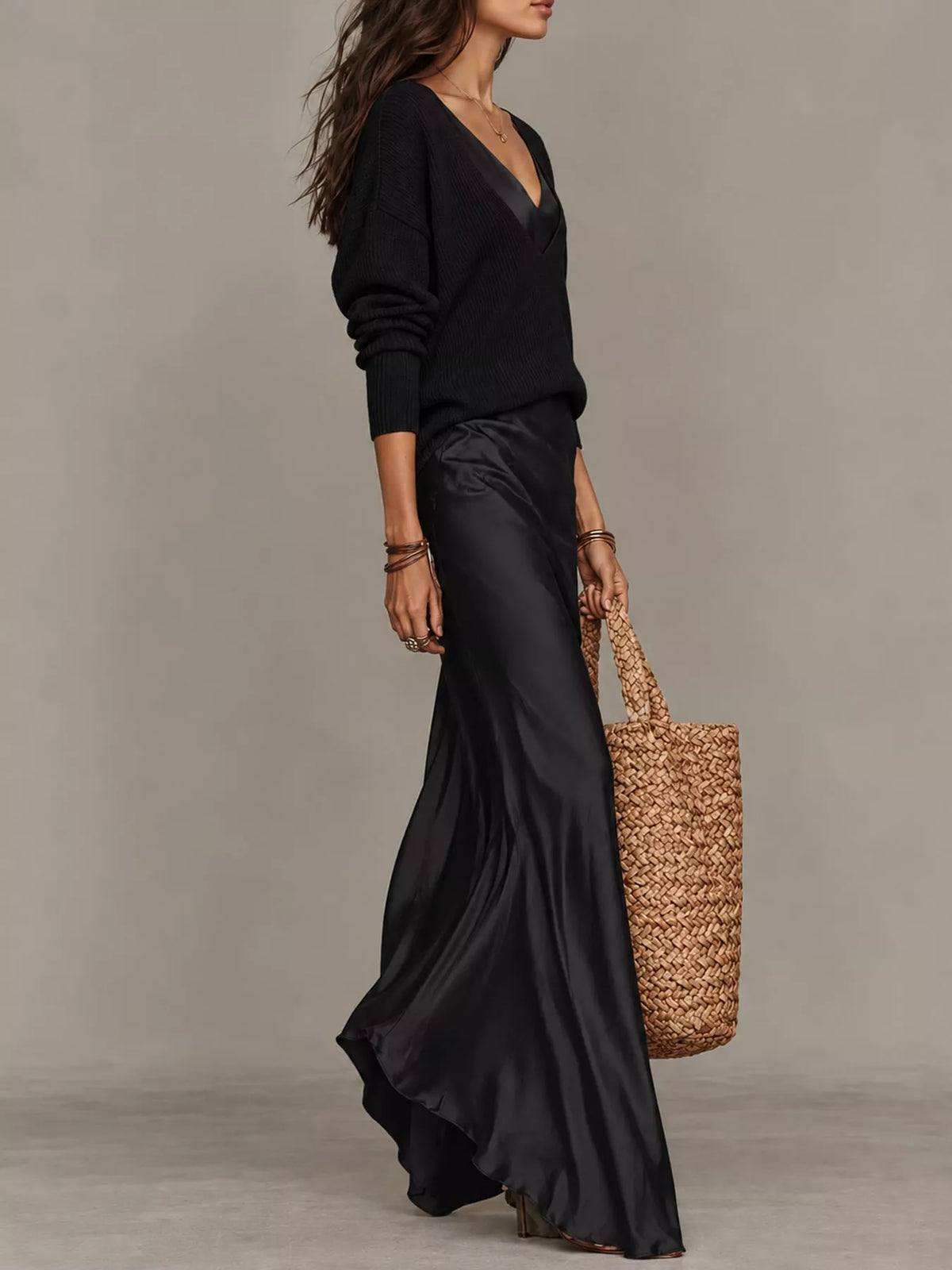 V-Neck Sweater & Satin Slip Maxi Dress Set in Black by Belle Bijouix – view 6 of 41