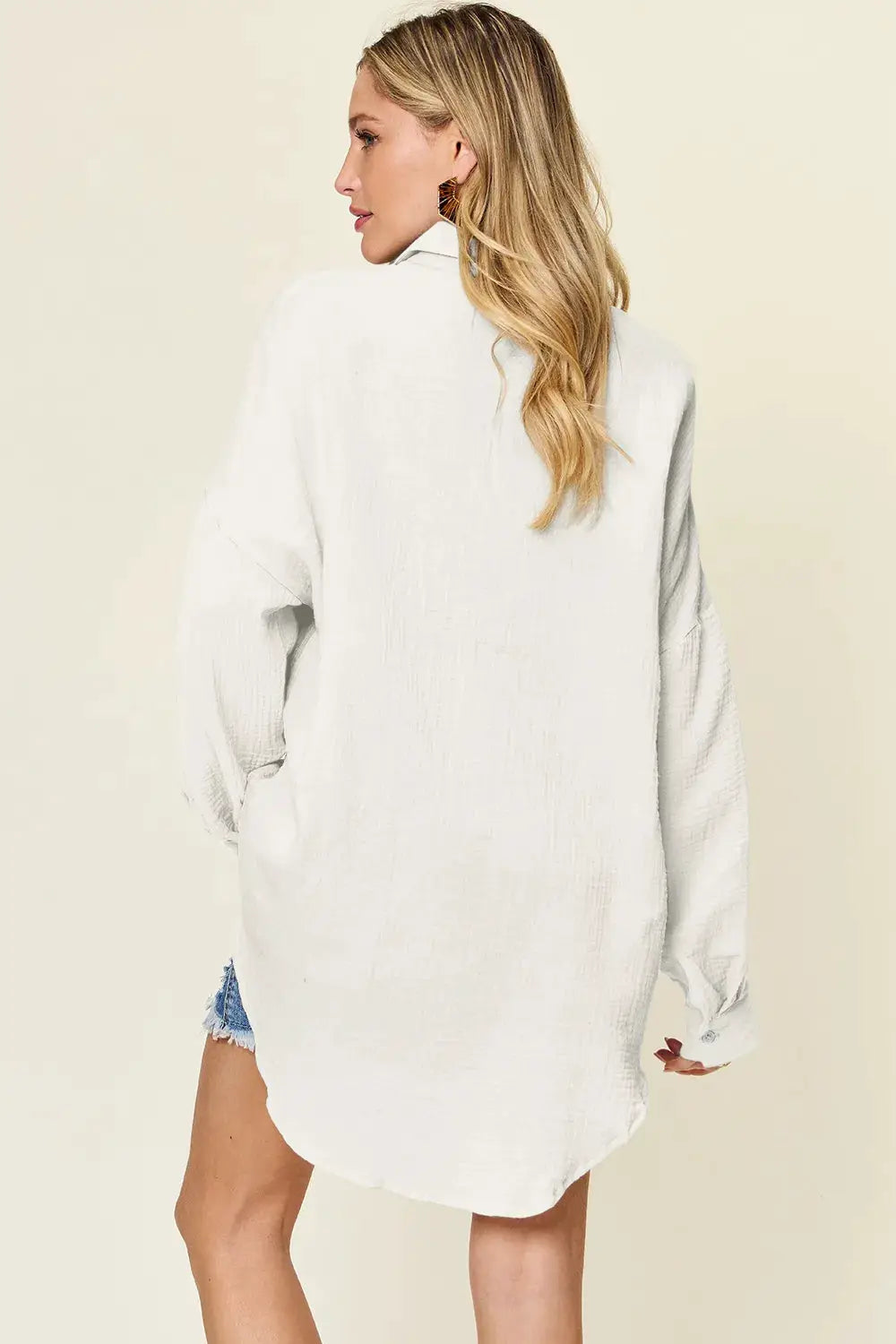 Double Take Full Size Pocketed Texture Button Up Shirt, white textured fabric, Belle Bijouix tops, back view