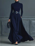 Turtleneck Long Sleeve Maxi Dress, navy, pocketed with belt by Belle Bijouix