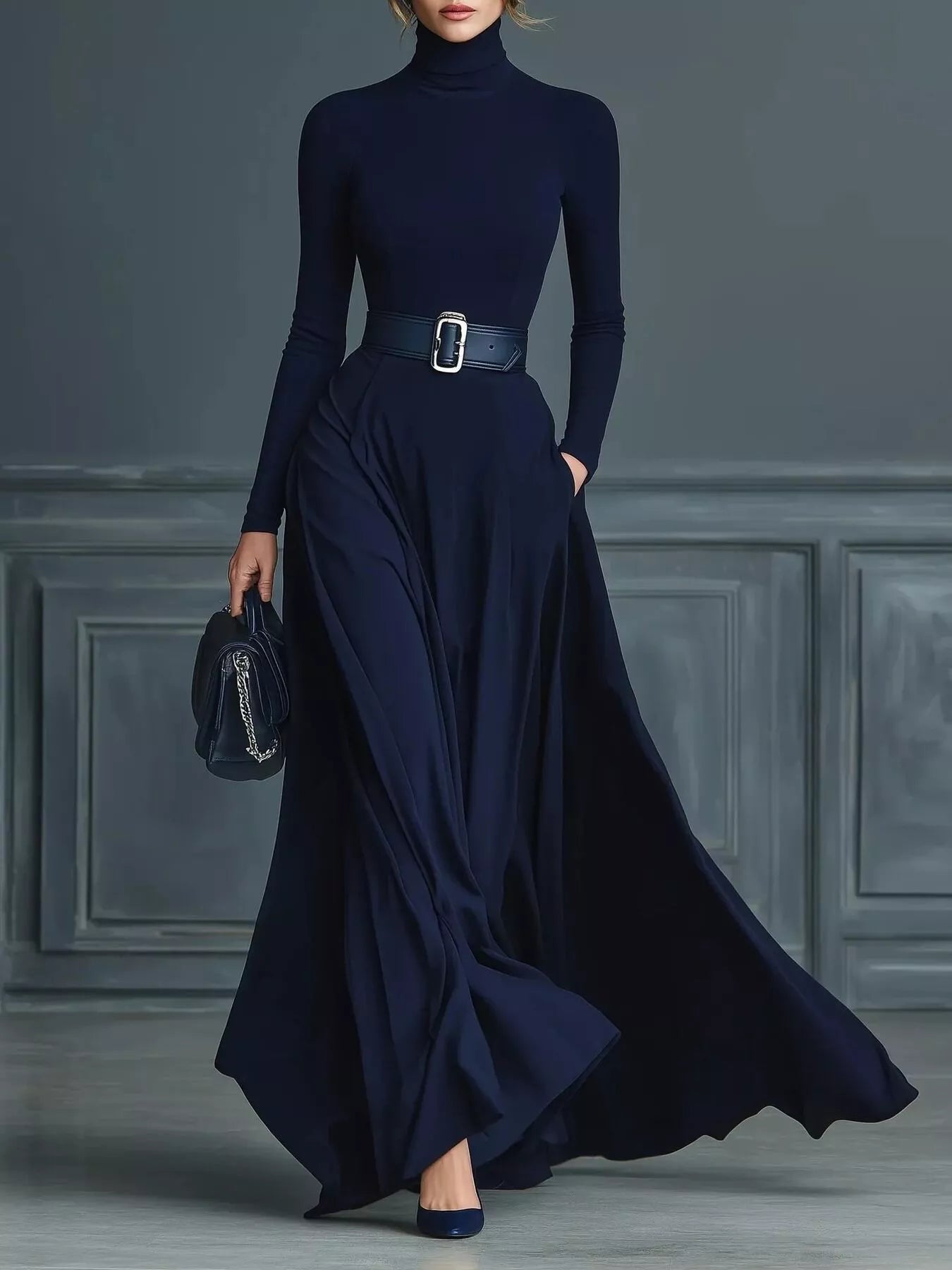 Turtleneck Long Sleeve Maxi Dress, navy, pocketed with belt by Belle Bijouix