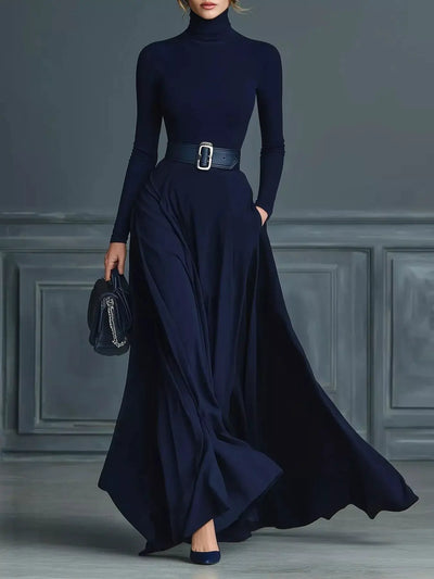 Turtleneck Long Sleeve Maxi Dress for Women Elegant Winter Cold Weather Gown Chic Silhouette