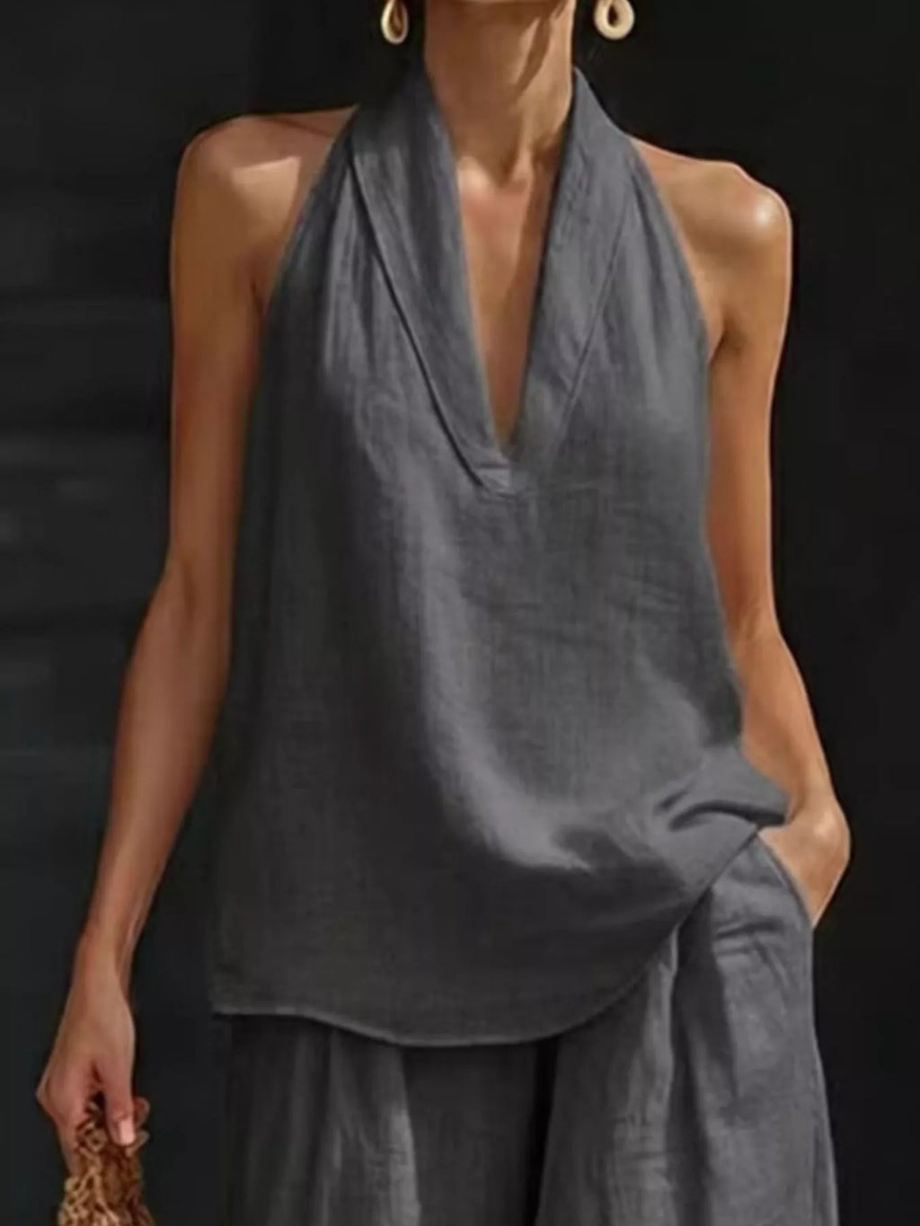 Plus-size gray halter-neck top and wide-leg pants set by Trendsi
