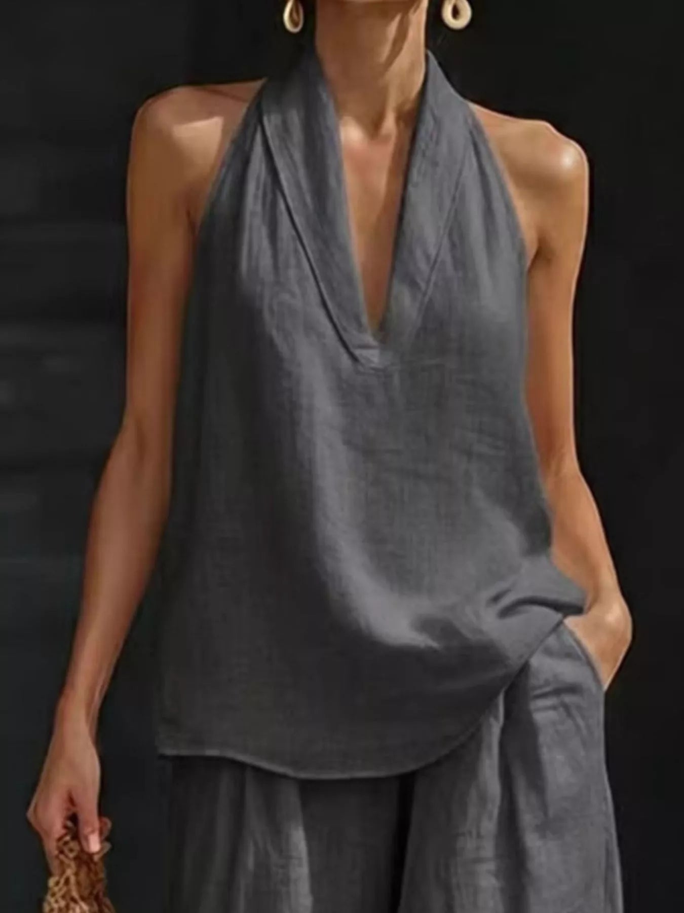 Plus-size gray halter-neck top and wide-leg pants set by Trendsi