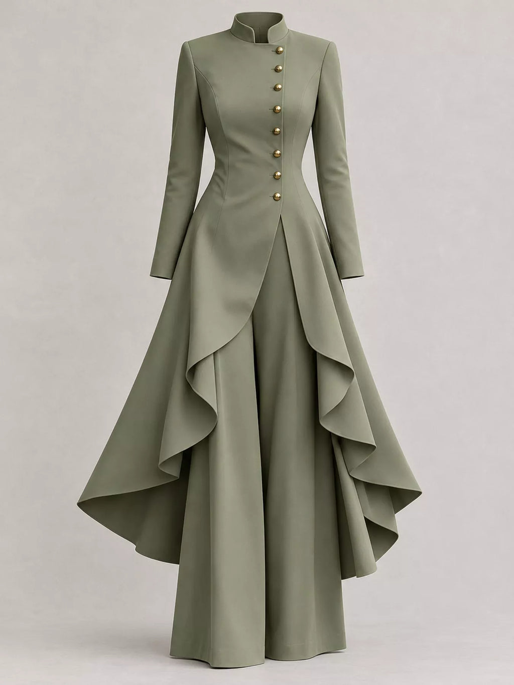 Ruffled High-Low Button Tunic & Wide-Leg Pants Set in Army Green by Belle Bijouix – view 33 of 82
