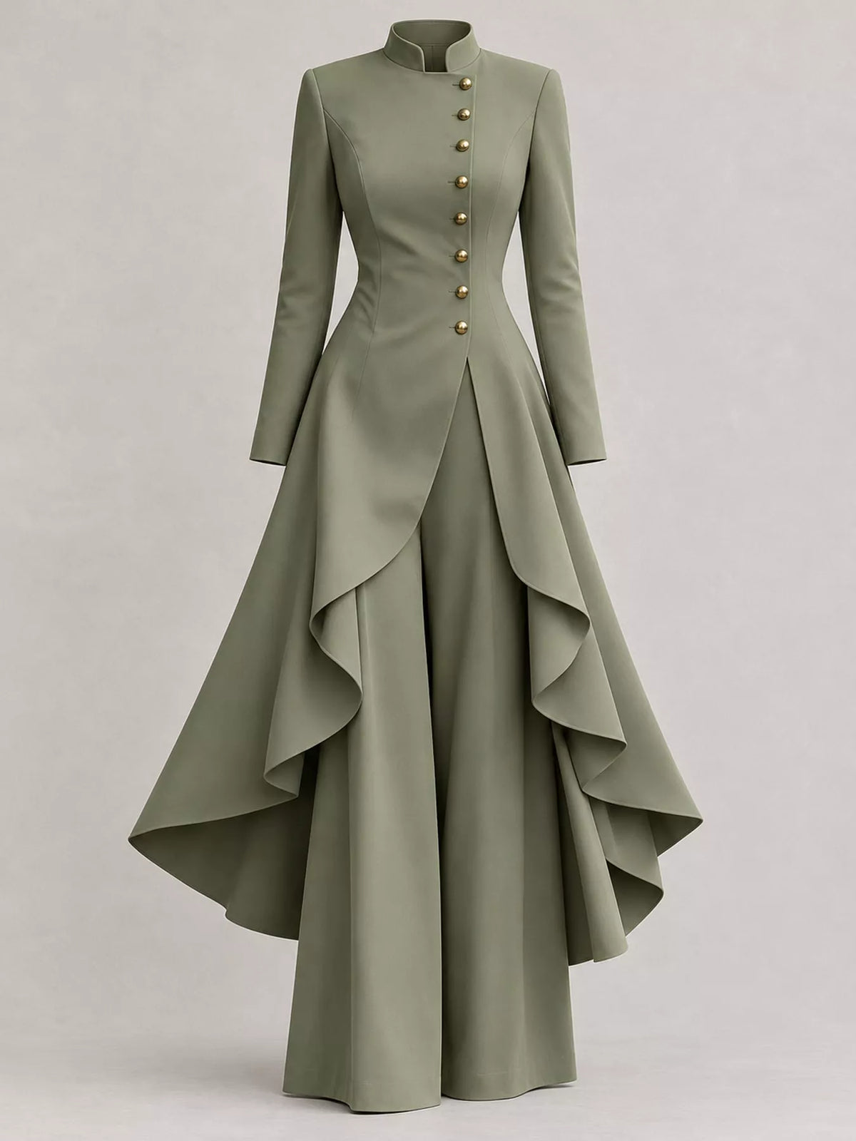Ruffled High-Low Button Tunic & Wide-Leg Pants Set in Army Green by Belle Bijouix – view 33 of 82
