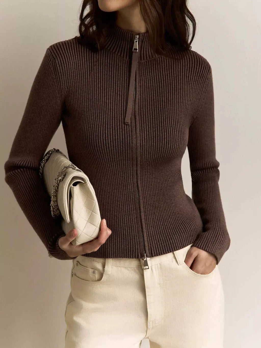 Ribbed knit zip-up cardigan by Belle Bijouix in chocolate brown