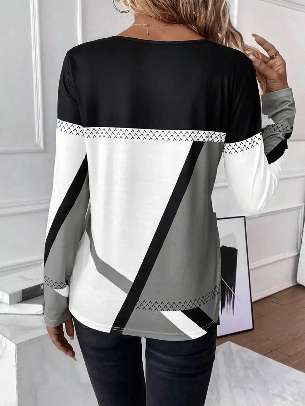 Color Block Long Sleeve T-Shirt in black, white, and gray with triangle trim and diagonal panels.