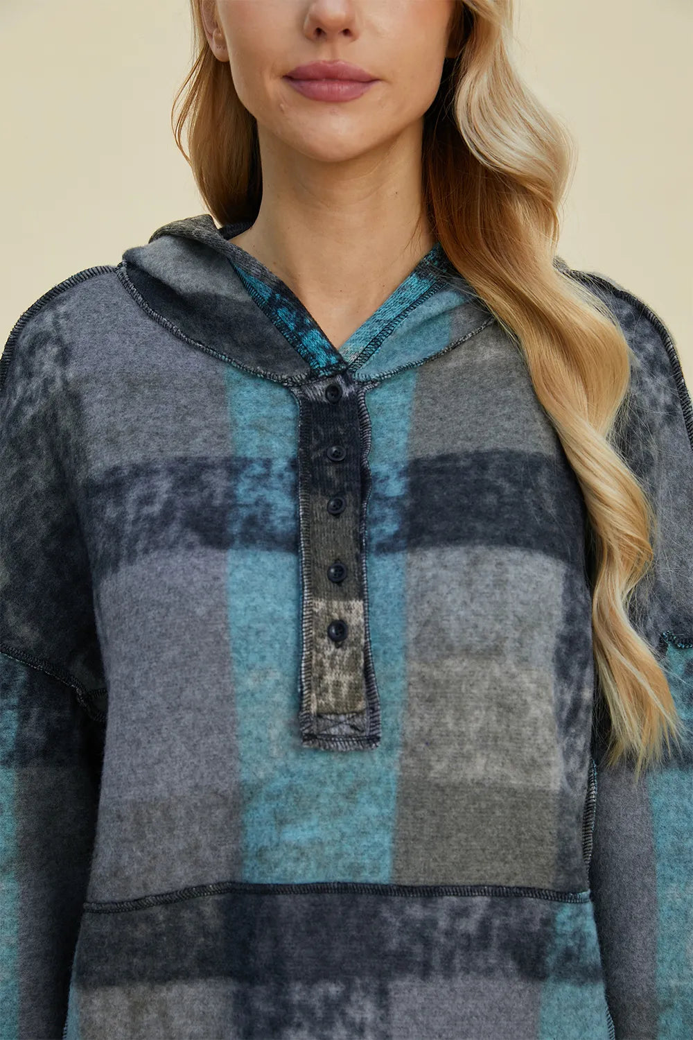 Fleece hoodie by Belle Bijouix, plaid color-block in teal, blue and gray; front button placket, dropped shoulders
