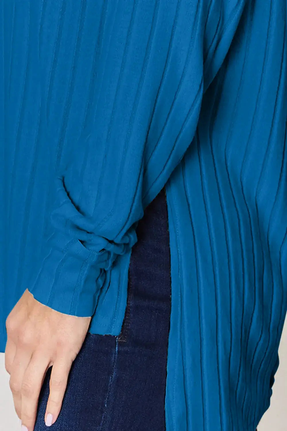 Basic Bae Full Size Ribbed Round-Neck Slit T-Shirt in teal blue fabric