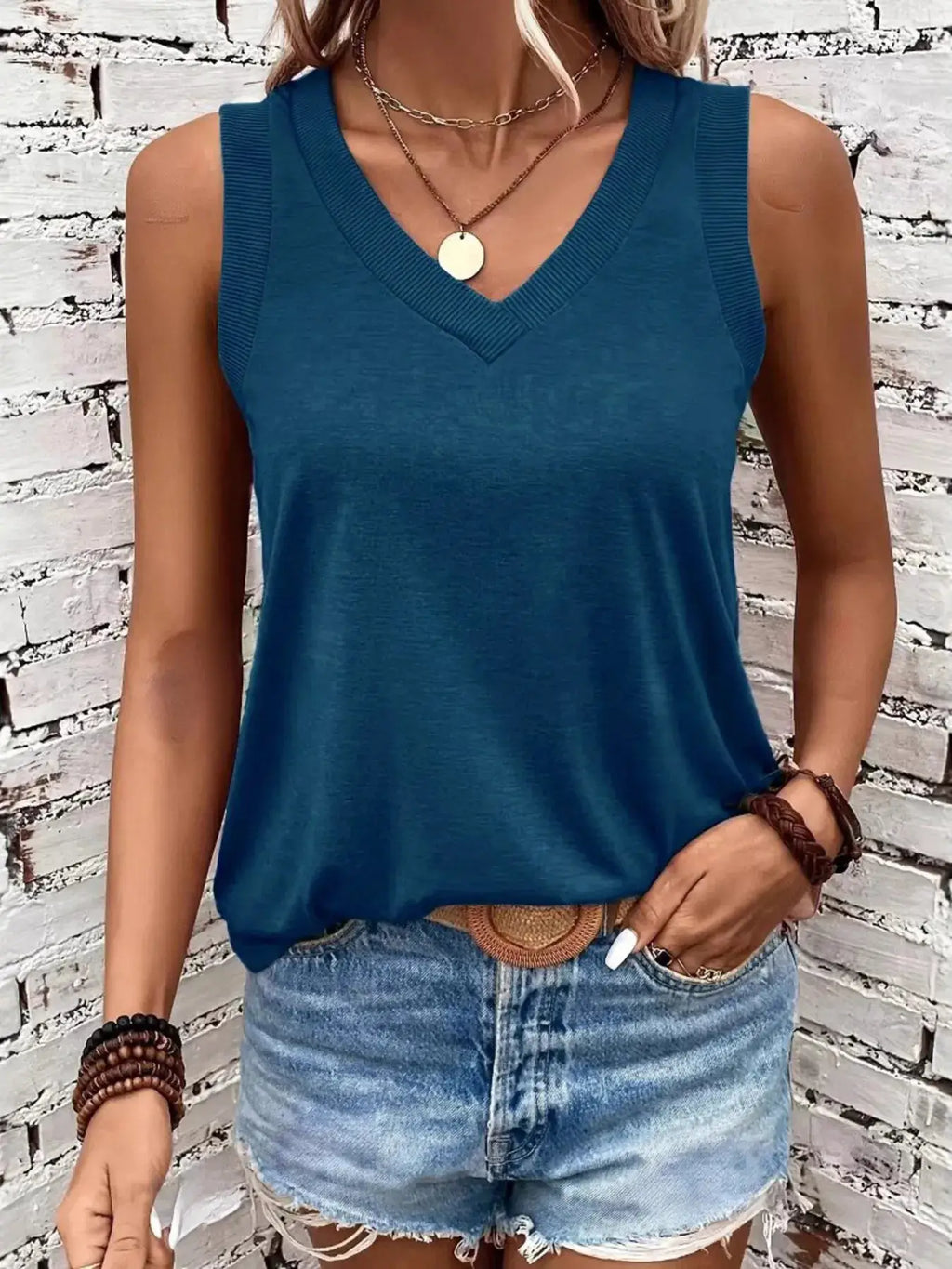 V-Neck Tank top by Belle Bijouix in teal blue, basic sleeveless style