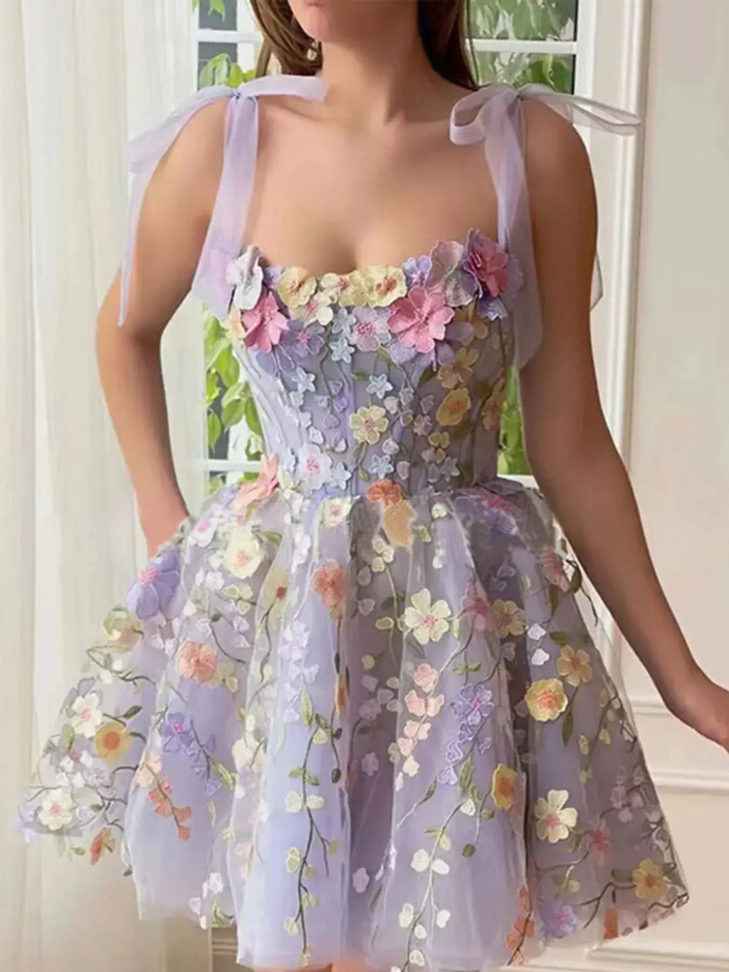 Floral applique tie-shoulder mini dress in light purple, fully lined with pastel floral embroidery
