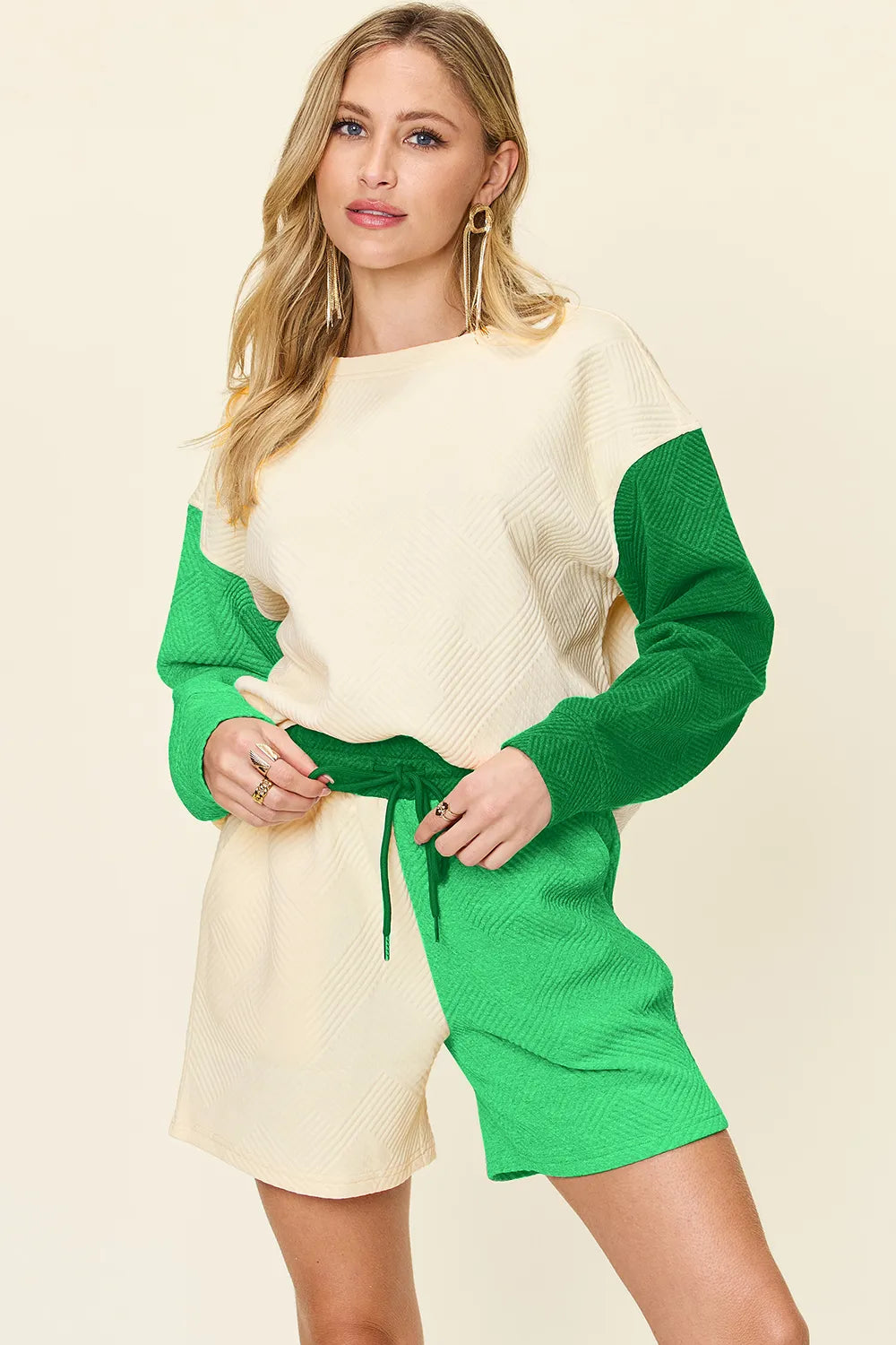 Double Take Full Size Contrast Drop Shoulder Top and Shorts Set; cream and green color-block active wear