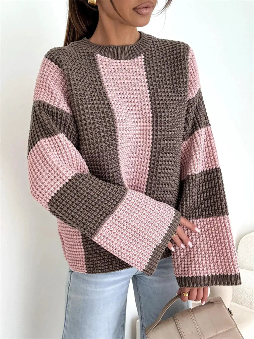 Color Block Long Sleeve Sweater, oversized knit in pink and brown
