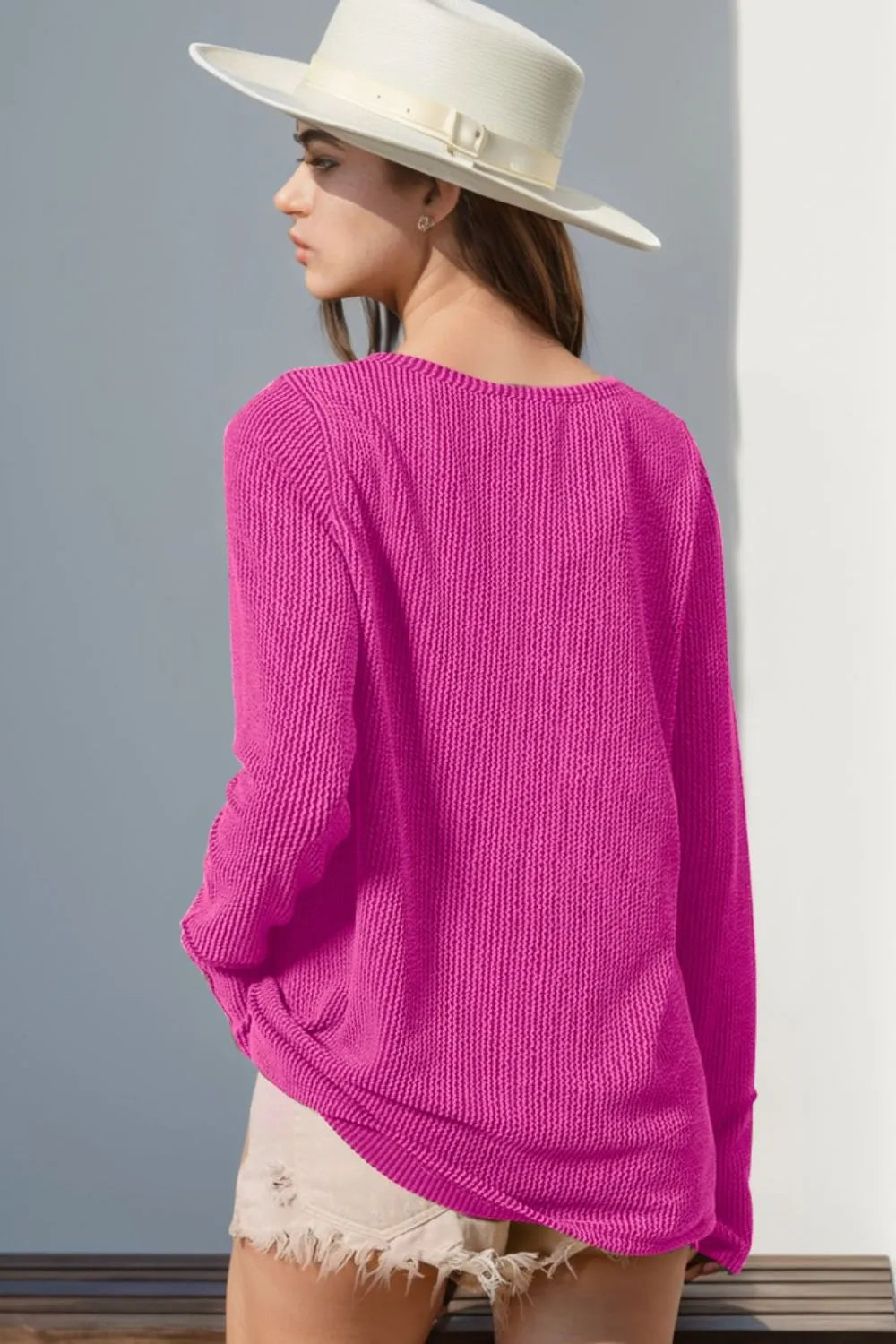 Double Take Full Size Notched Thumbhole Long Sleeve T-Shirt magenta knit top, back view on model