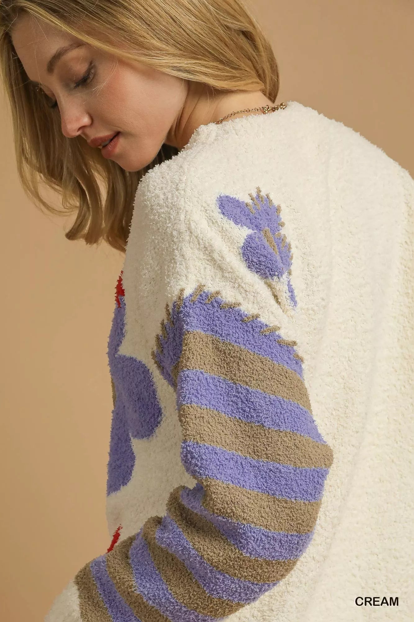 Umgee Flower Jacquard Striped Long Sleeve Sweater, cream body with lavender floral jacquard and tan striped sleeves