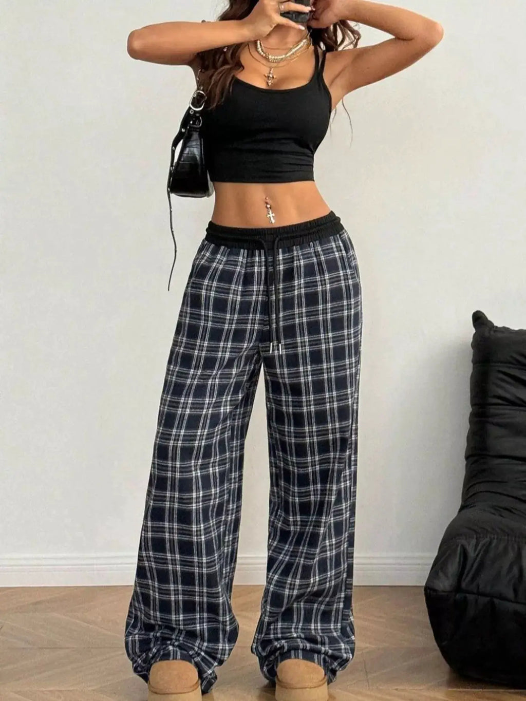 Relaxed-fit navy plaid pants from Belle Bijouix with drawstring pockets
