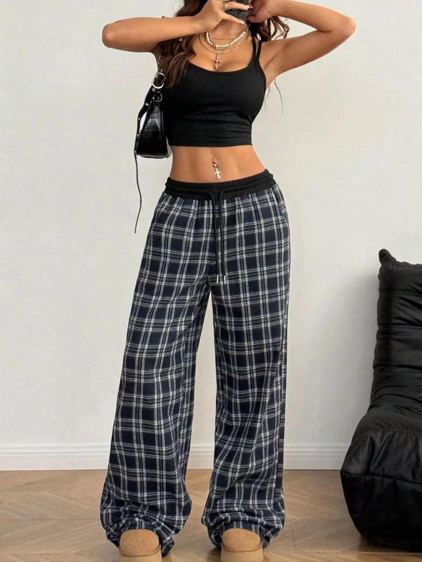 Relaxed-fit navy plaid pants from Belle Bijouix with drawstring pockets