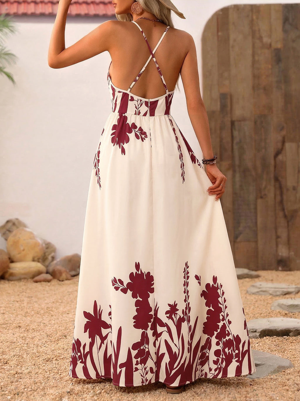 Trendsi Deep V-Neck Spaghetti Strap Maxi Dress in ivory with burgundy floral print and cross-back straps