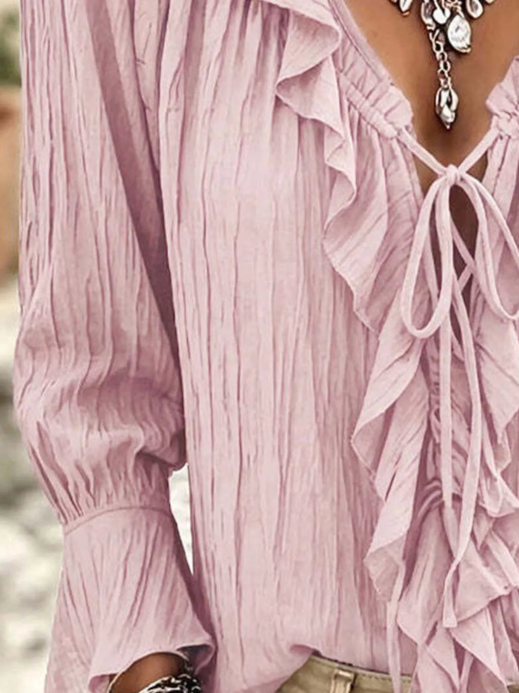 Ruffled Tie Neck Long Sleeve Blouse