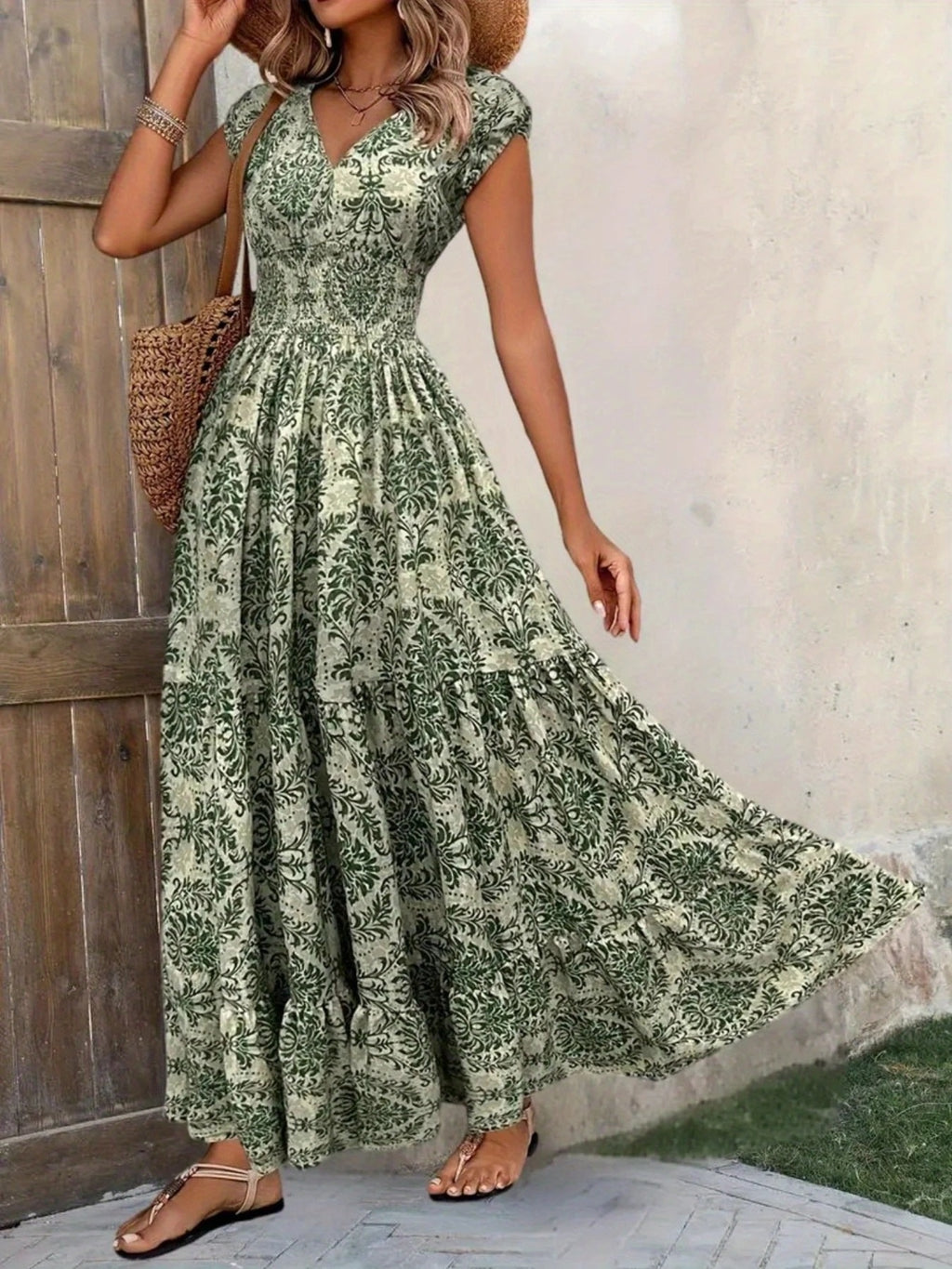 Printed Cap Sleeve Maxi Dress in green botanical print by Bellebijouix