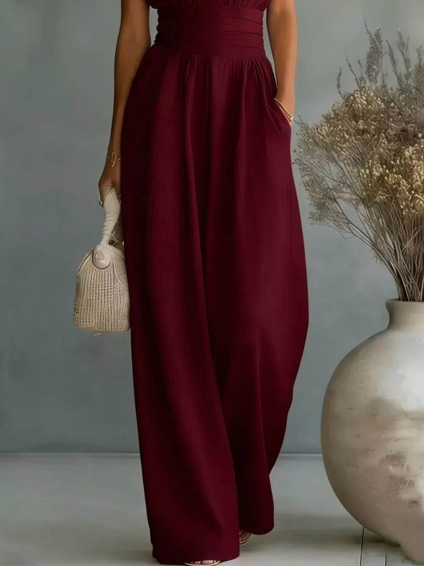 Full-Size sleeveless burgundy wide-leg jumpsuit, plus-size, with pockets