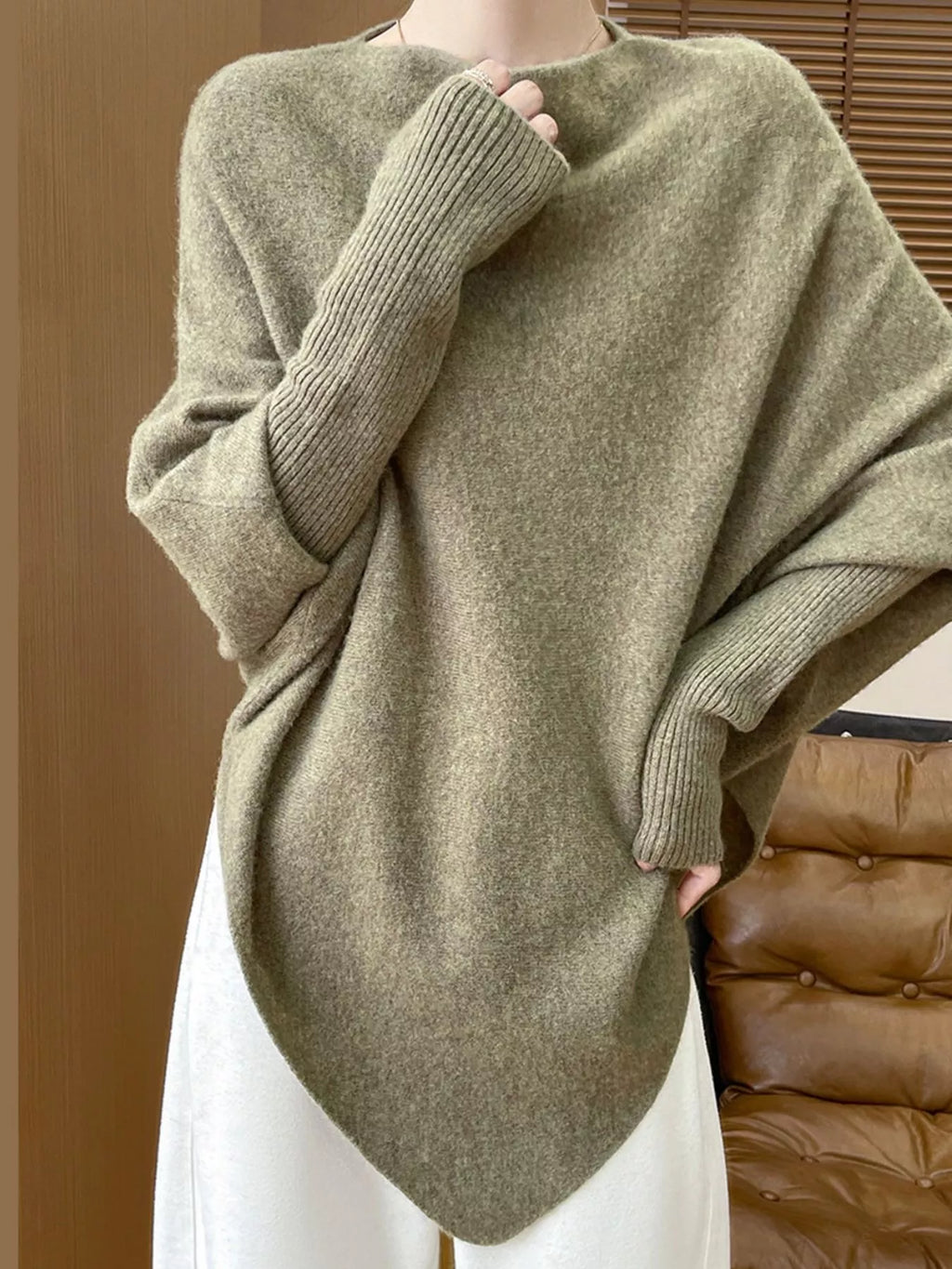 Oversized Asymmetric Wool Batwing Sweater in Matcha Green by Belle Bijouix – view 9 of 24