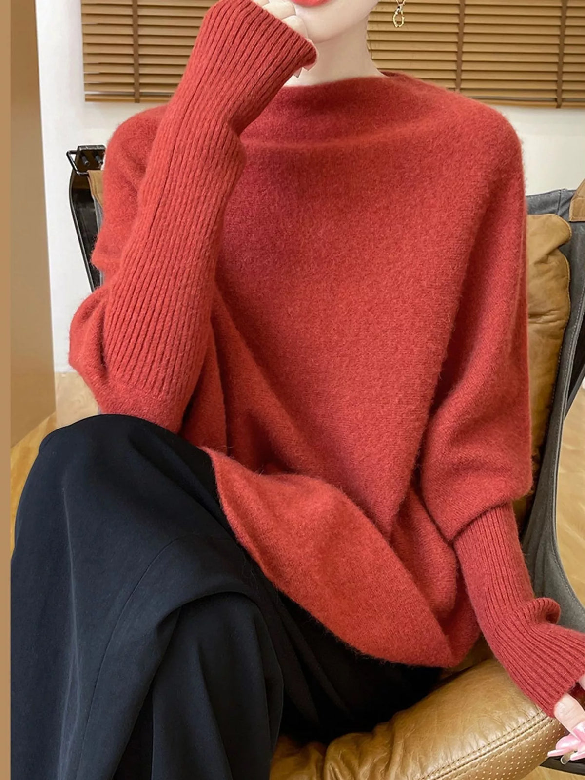 Oversized Asymmetric Wool Batwing Sweater in Brick Red by Belle Bijouix – view 13 of 24