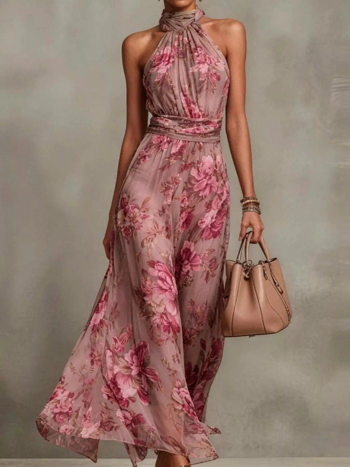 Floral print sleeveless maxi dress, pink tones, plus size