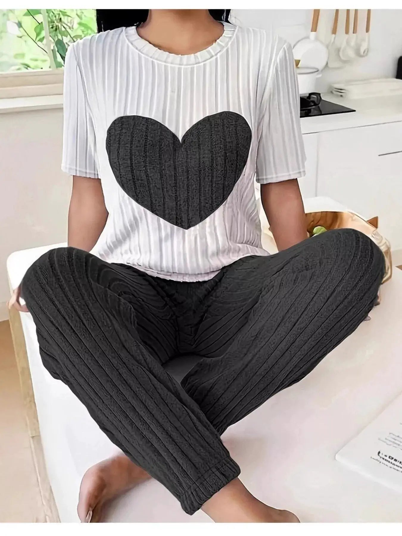 Heart Ribbed Knit Top and Pants Lounge Set by Belle Bijouix; white top with black heart and textured black pants