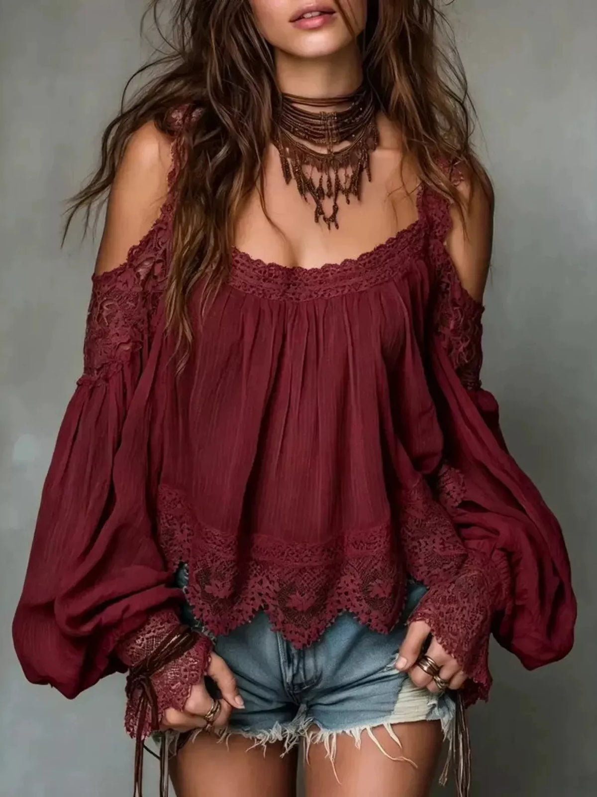 Lace Trim Cold Shoulder Blouse