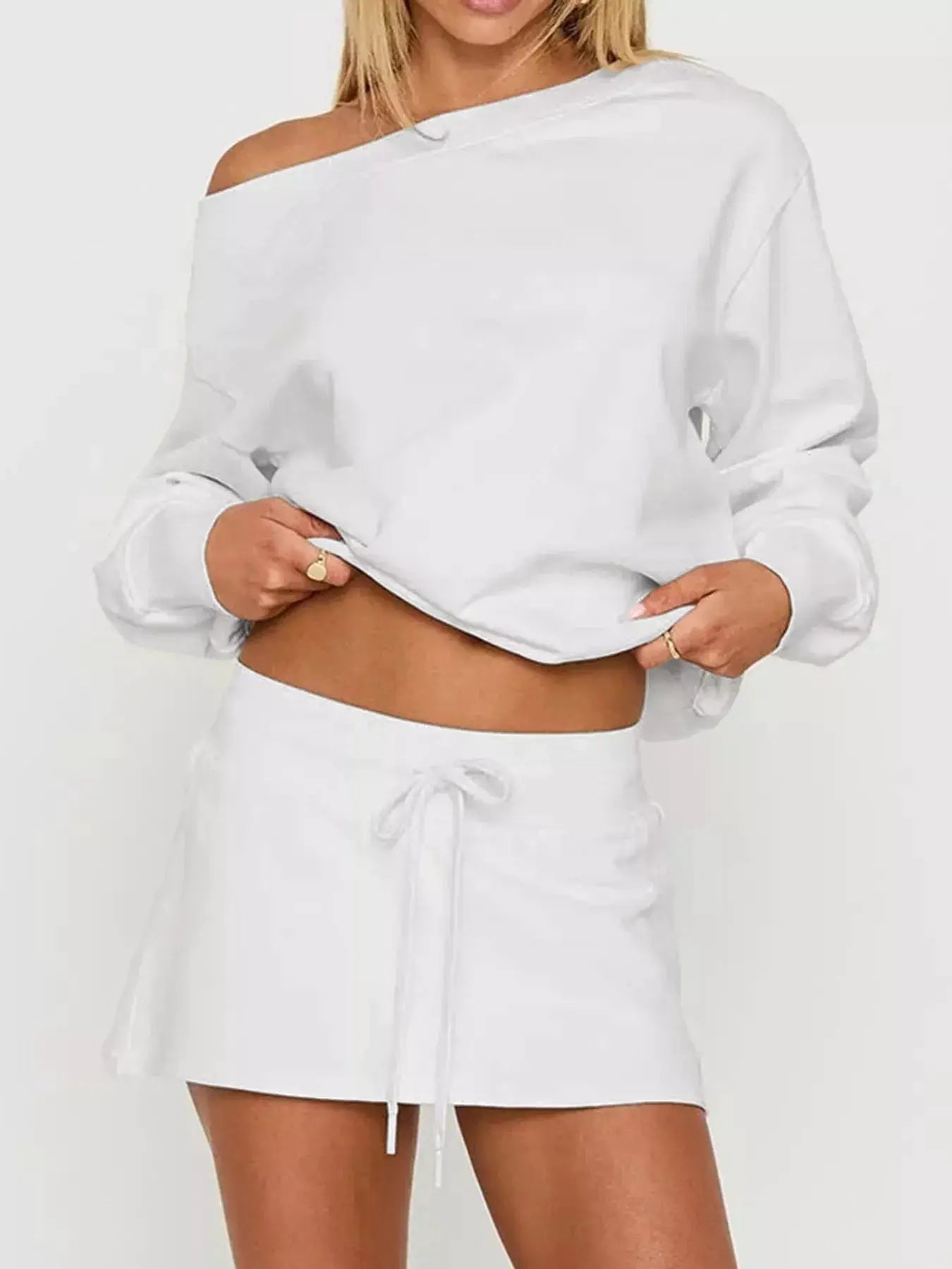 Boat Neck Sweatshirt and Mini Skirt Set, white two-piece loungewear with drawstring waist