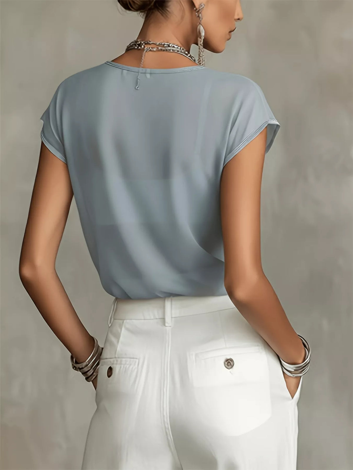 Air Force Blue floral sheer blouse with cap sleeves - back view