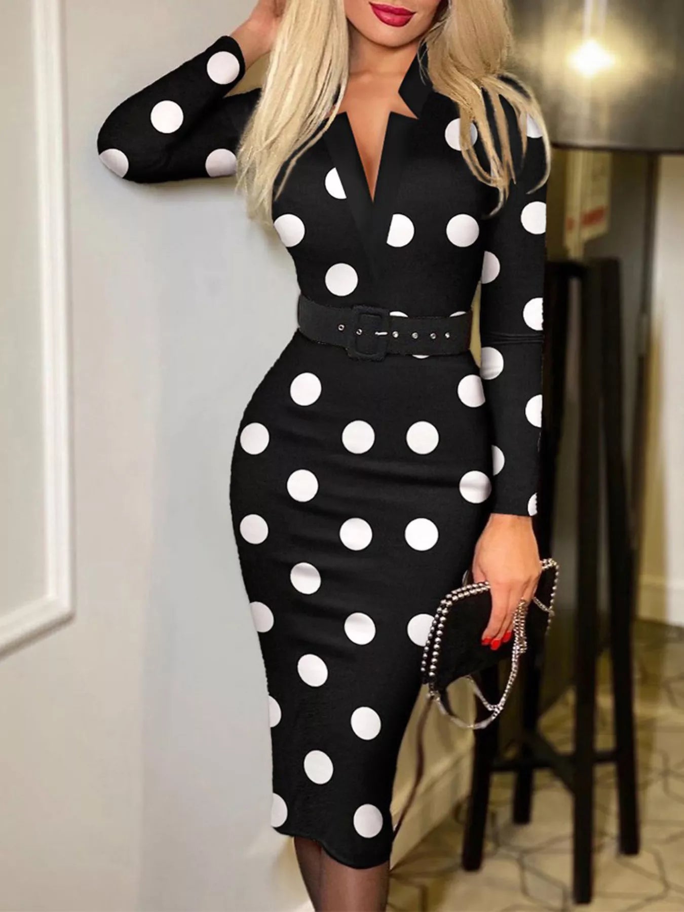 Dress Belle Bijouix plus-size belted notched long-sleeve black with white polka dots